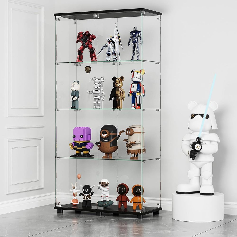 Glass Cabinet Display - ガラス製ディスプレイキャビネット、4段ダブルドアとロック付き、5mm強化ガラス製キュリオキャビネット、自立型本棚、リビングルーム、ベッドルーム用