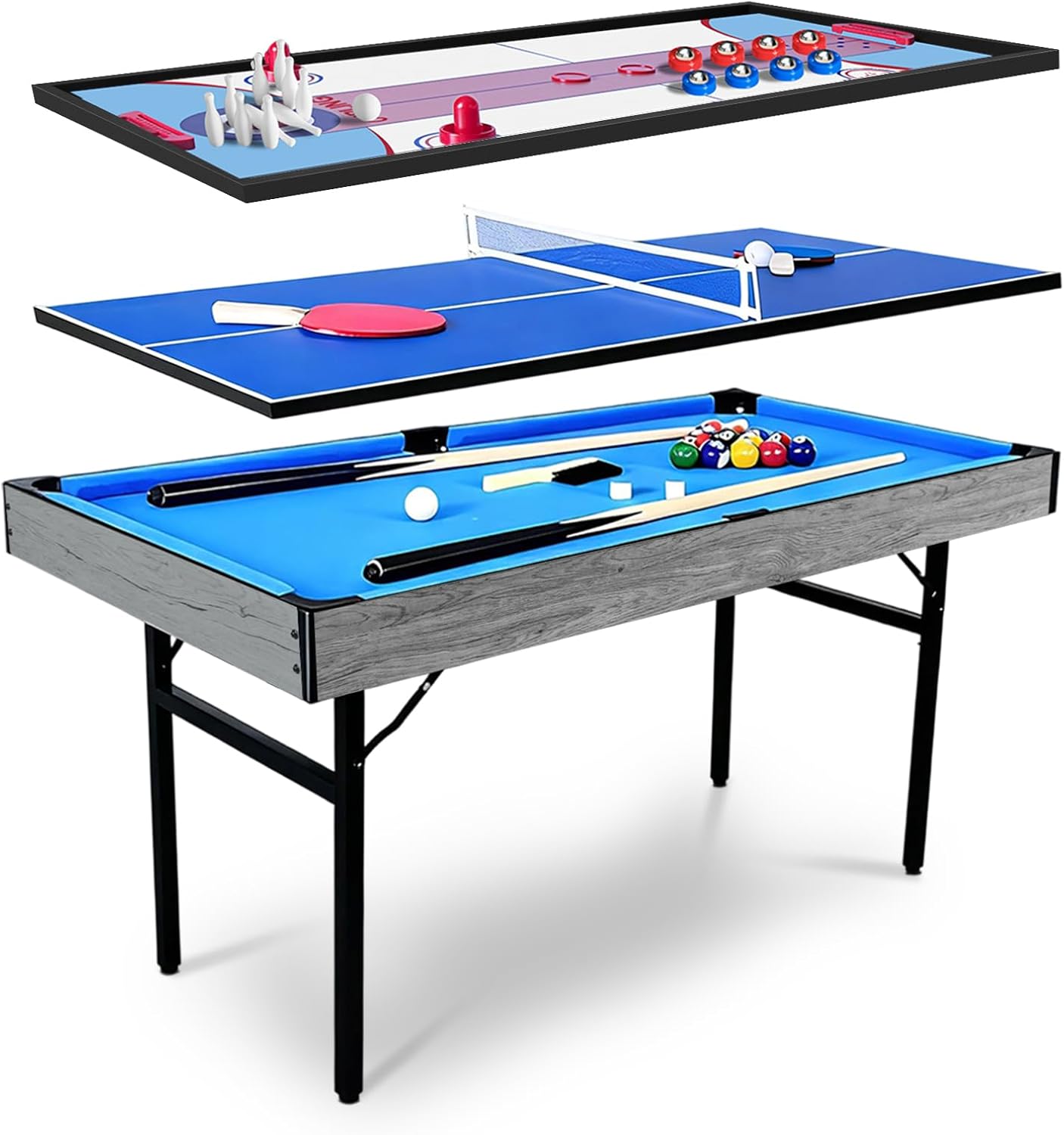 Air Hockey Table - 5 in 1多機能ゲームテーブル 折りたたみ式マルチゲームコンビネーションテーブルセット ピンポン、プール、ビリヤード、エアホッケー、ボウリング、シャッフルボード付き 屋内外兼用アクセサリー付属
