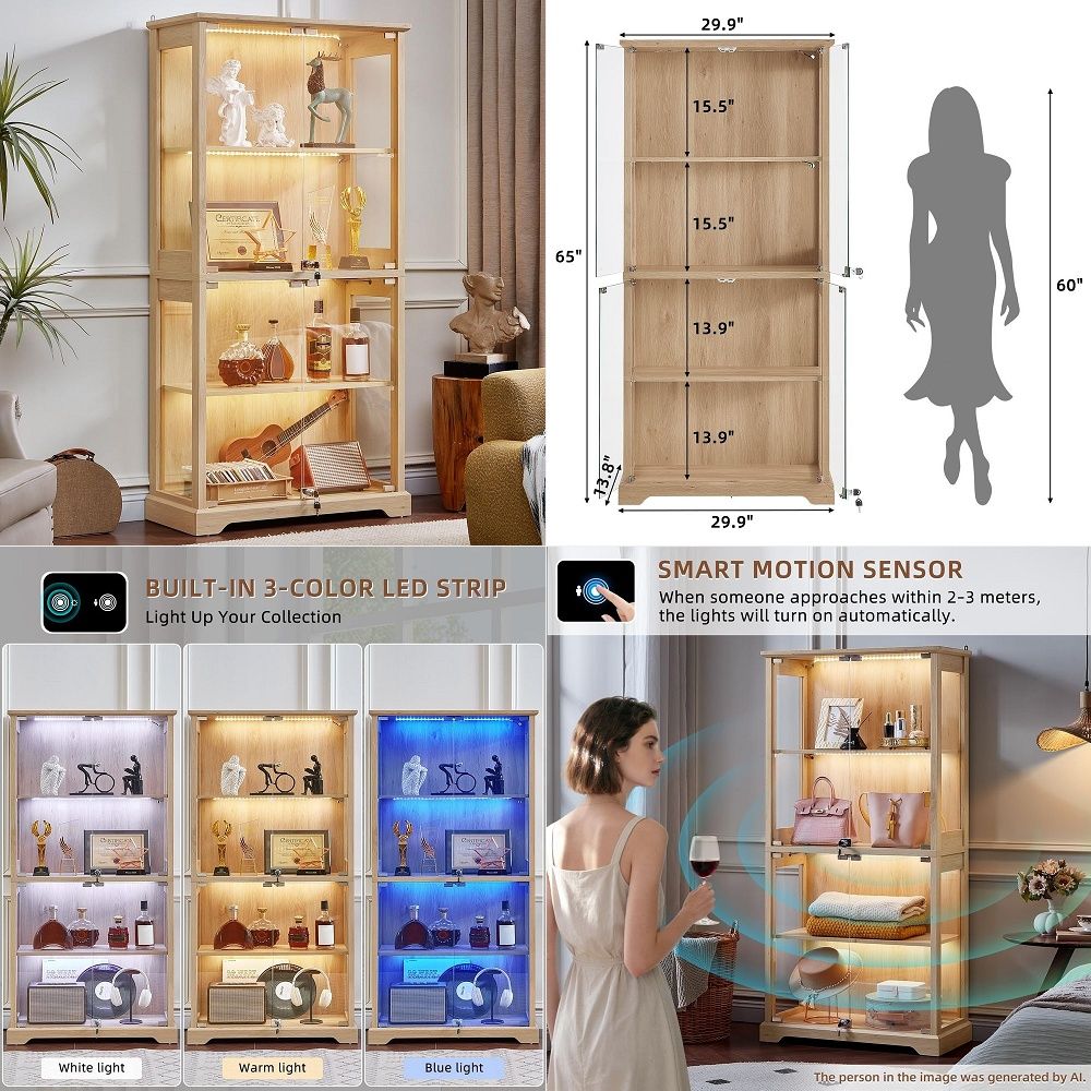 Glass Cabinet Display - ファームハウスガラス製ディスプレイキャビネット（扉付き）、3色LEDモーションセンサーライトとリフィル付きの木製骨董品収納キャビネット