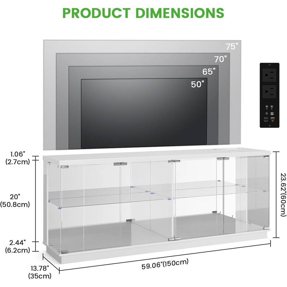 71インチガラステレビスタンド、充電ステーションとライト付き - Glass Cabinet Display のレビューと価格